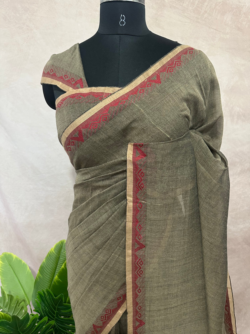 Cotton handloom saree with zari and red thread weave