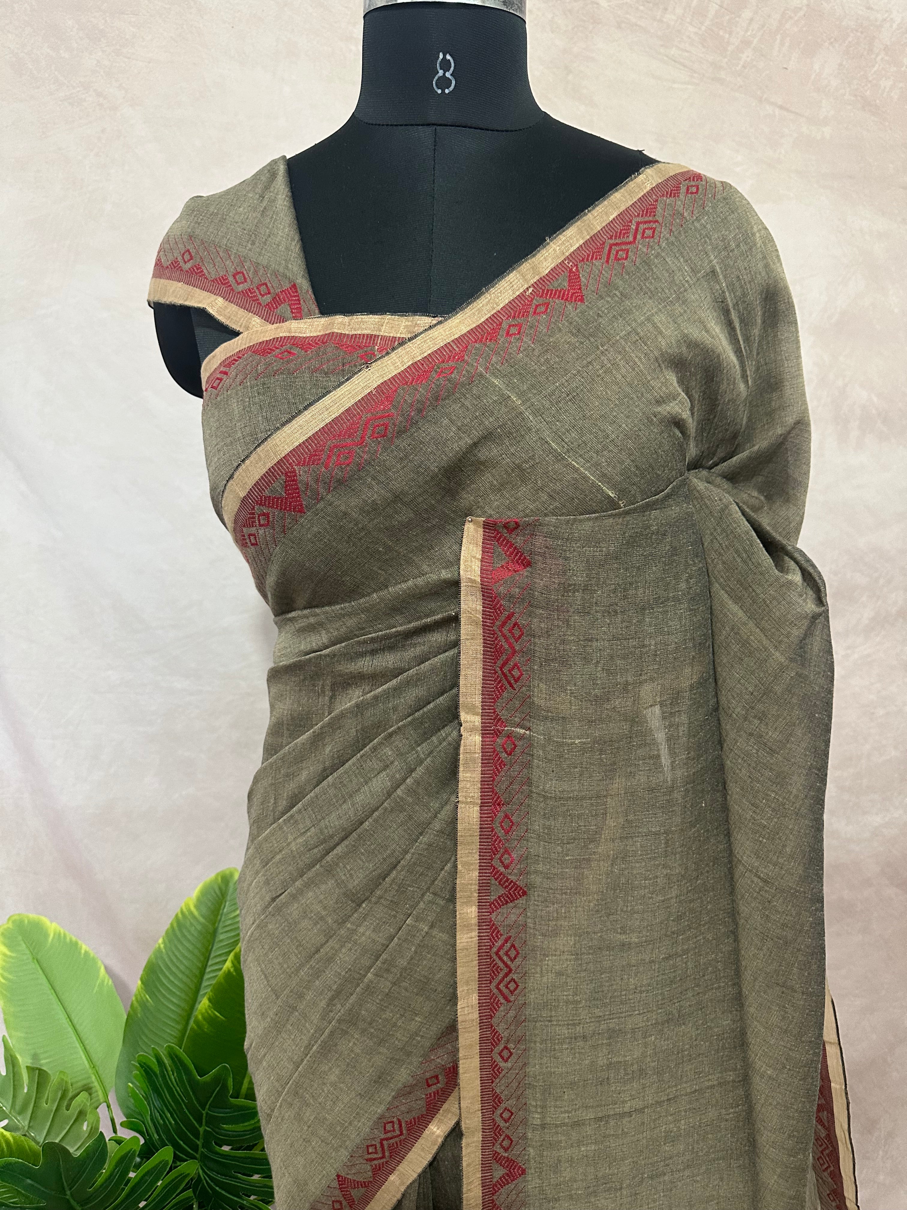 Cotton handloom saree with zari and red thread weave