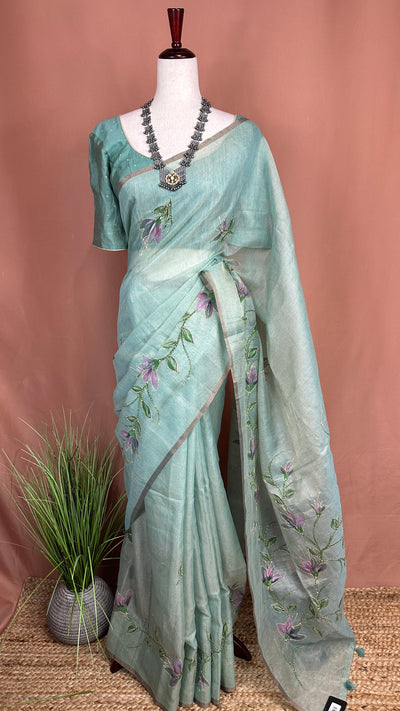Kotta tissue silk saree with hand paint and work , with stitched blouse