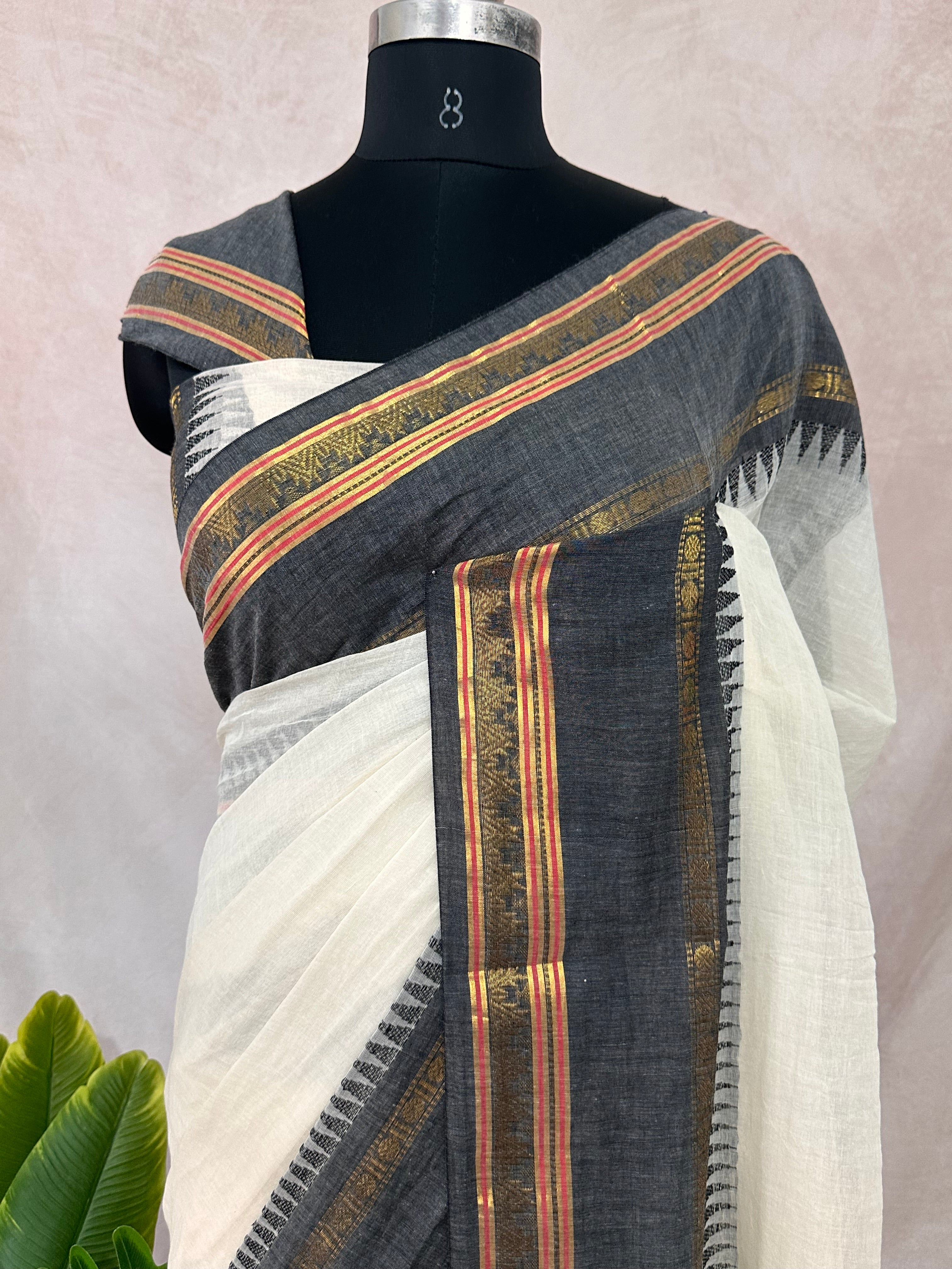 Black temple border 120 count mulcotton saree