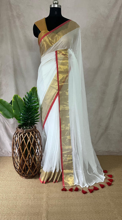 White mulcotton saree with a gold and red border (no Pico and fall)
