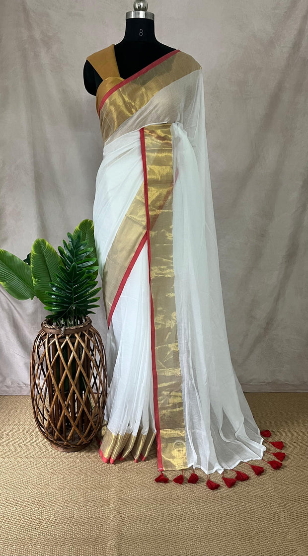 White mulcotton saree with a gold and red border (no Pico and fall)