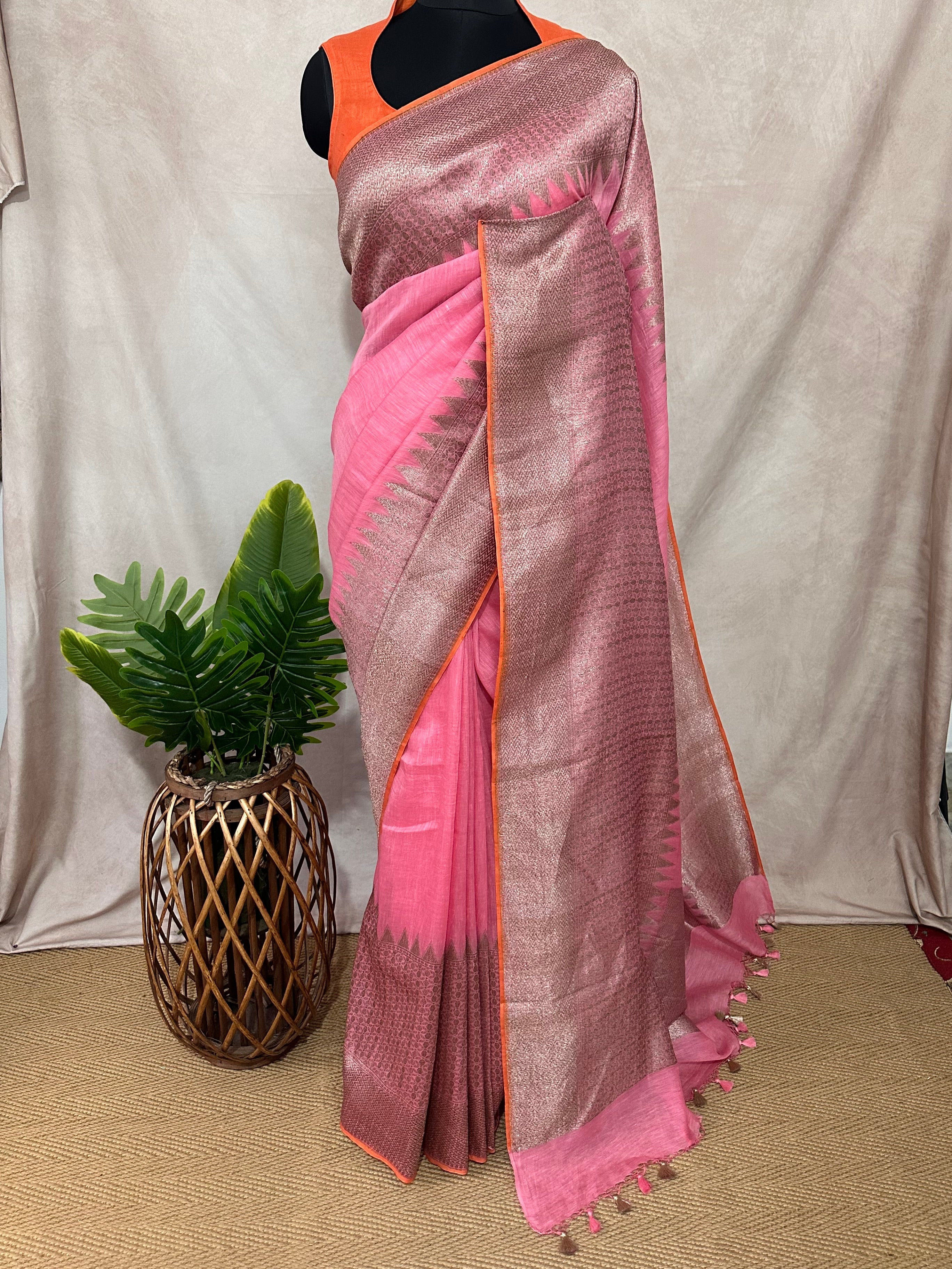 Linen banarsi saree with stitched blouse