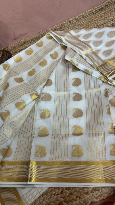 Set saree with gold stripe and tear drop weaved pattern