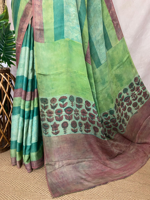 Nashpal Tussar by modal silk saree with hand block print with natural dye, with BP