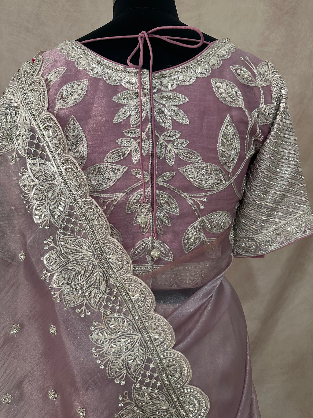 Lilac designer saree with stitched blouse and under skirt