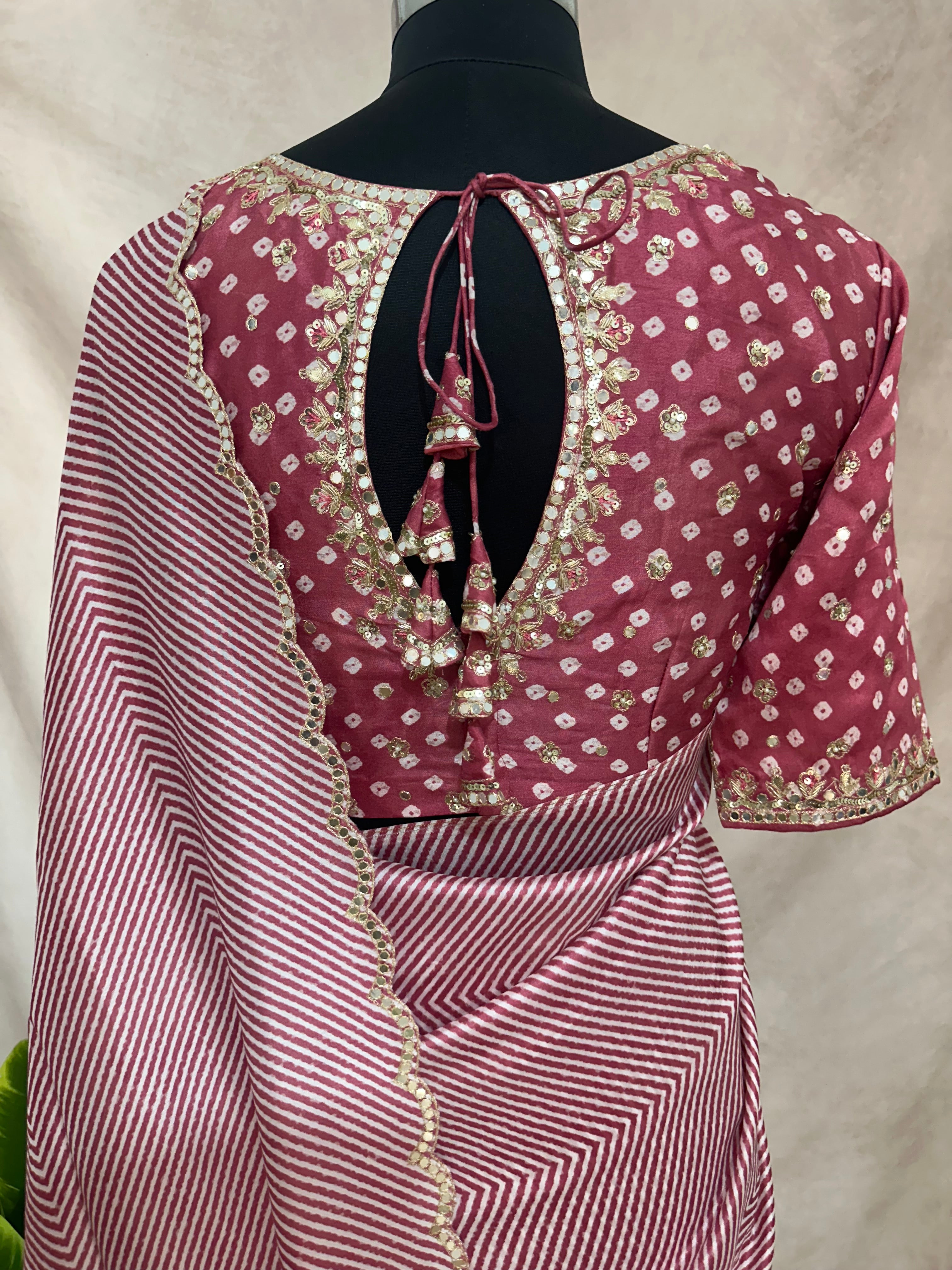 Lahariya printed tussar silk saree with handwork , stitched blouse