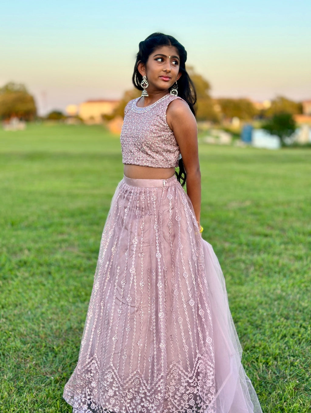 Lilac lehanga set with emroidery on neck
