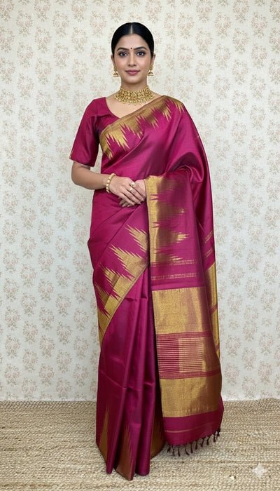 Light Burgundy Pure Handloom Kanchivram Silk Saree With Temple Border With Stitched Blouse