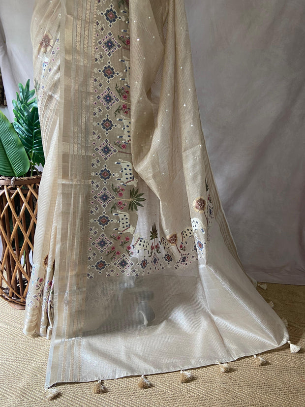 Tissue Kotta silk saree with mirror and Pitchwai work, with stitched blouse