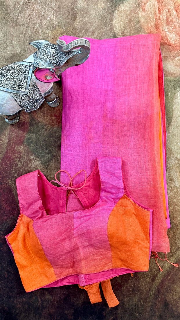 Orange and pink combo linen saree with stitched blouse