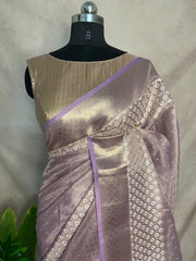 Lilac Tissue Kotta silk saree with mirror and chikankari work, with stitched blouse