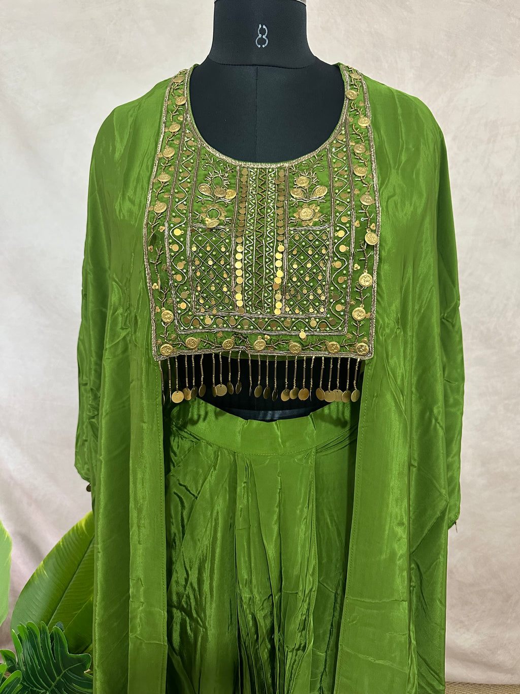 Mehandi green crepe top with drape skirt