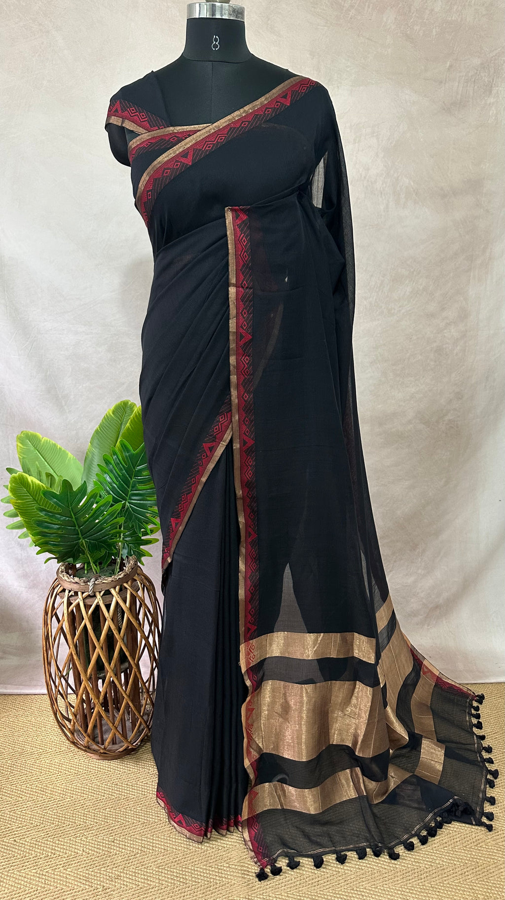 Cotton handloom saree with zari and red thread weave