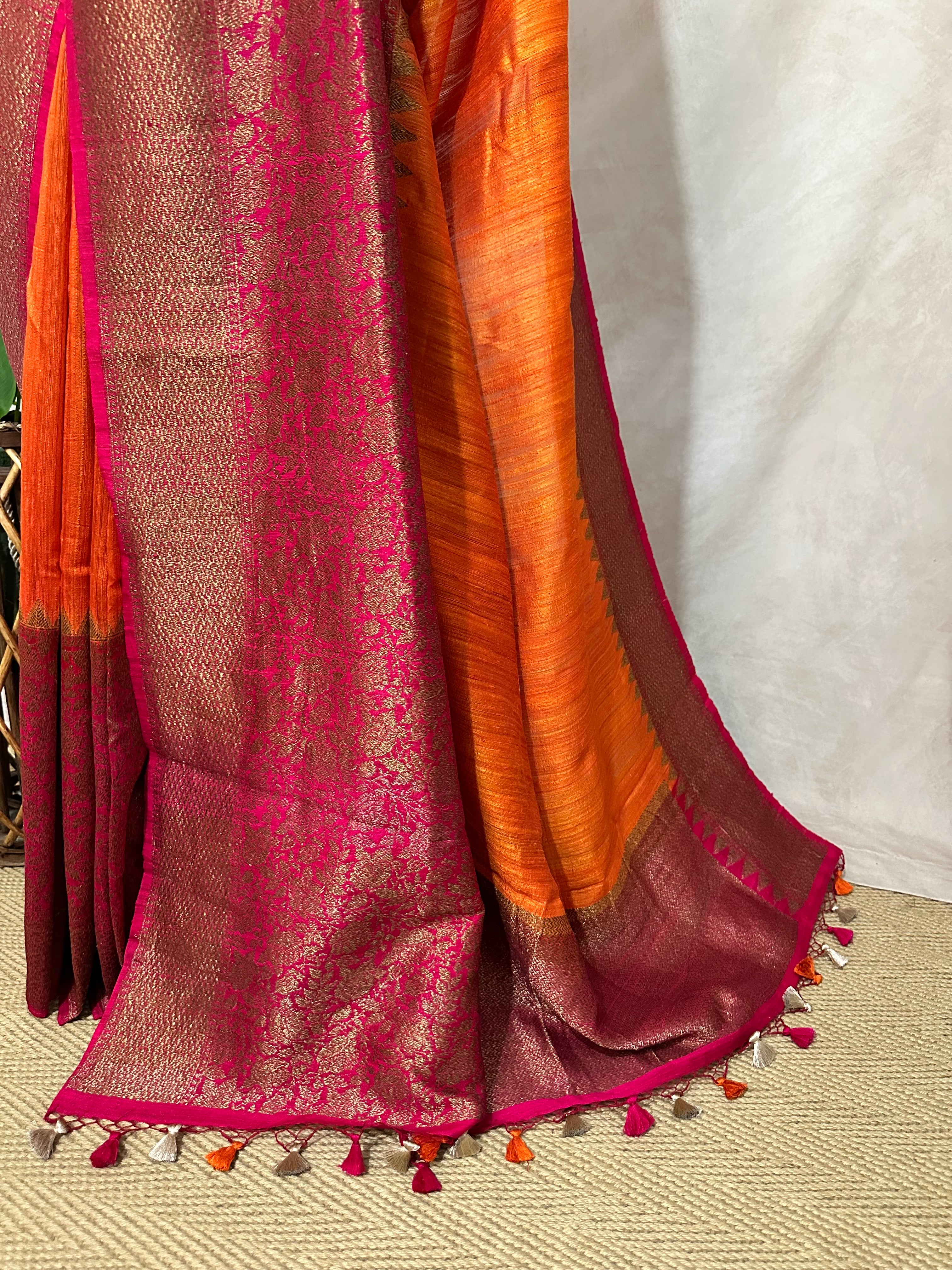 Pure raw silk saree with banarsi border saree with stitched blouse