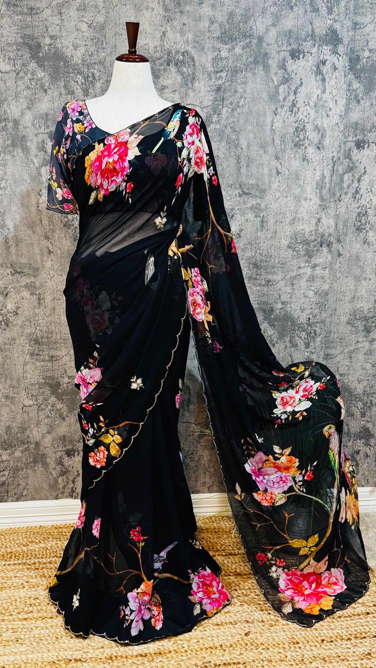Georgette digital Printed saree with bead work and stitched blouse
