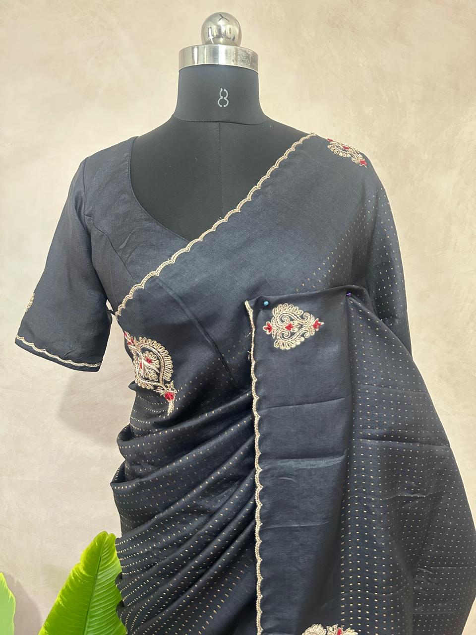 Dark grey pure tussar silk saree with hand work and stitched blouse