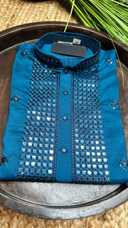 Peacock blue silk kurta with mirror work - 38