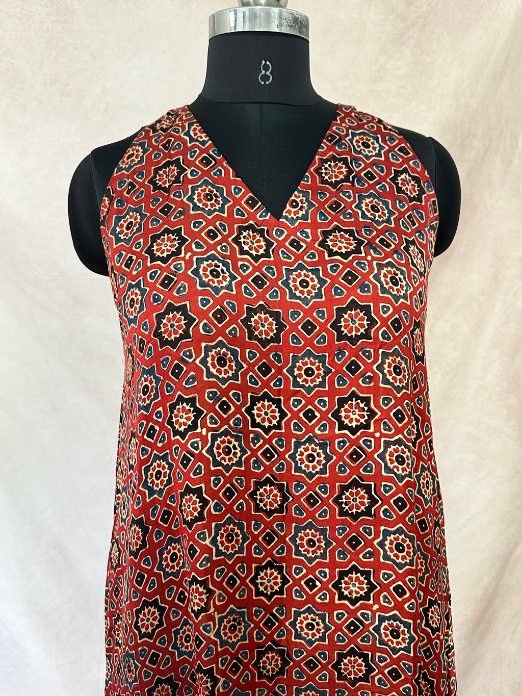 Red ajrakh hand block printed modal silk sleeveless dress