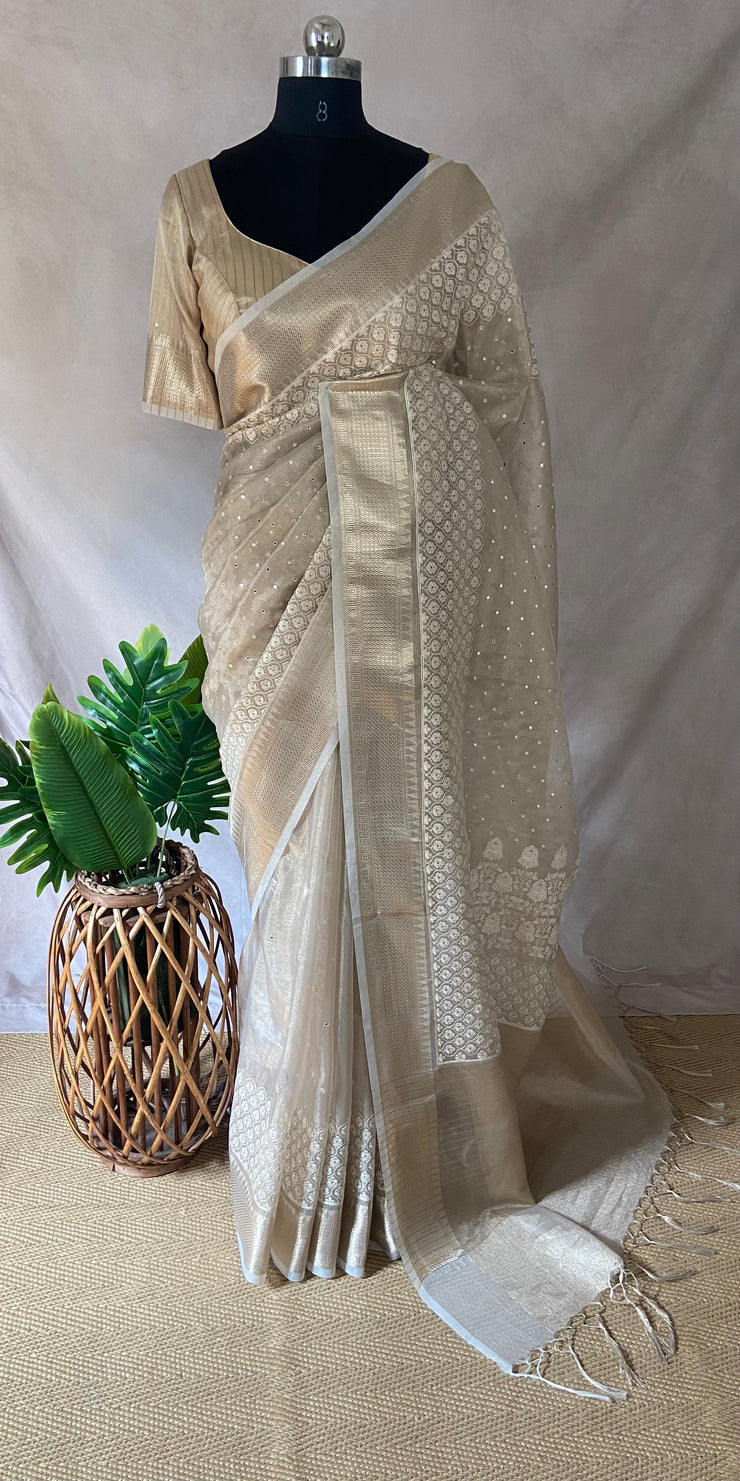 Beige Tissue Kotta silk saree with mirror and chikankari work, with stitched blouse
