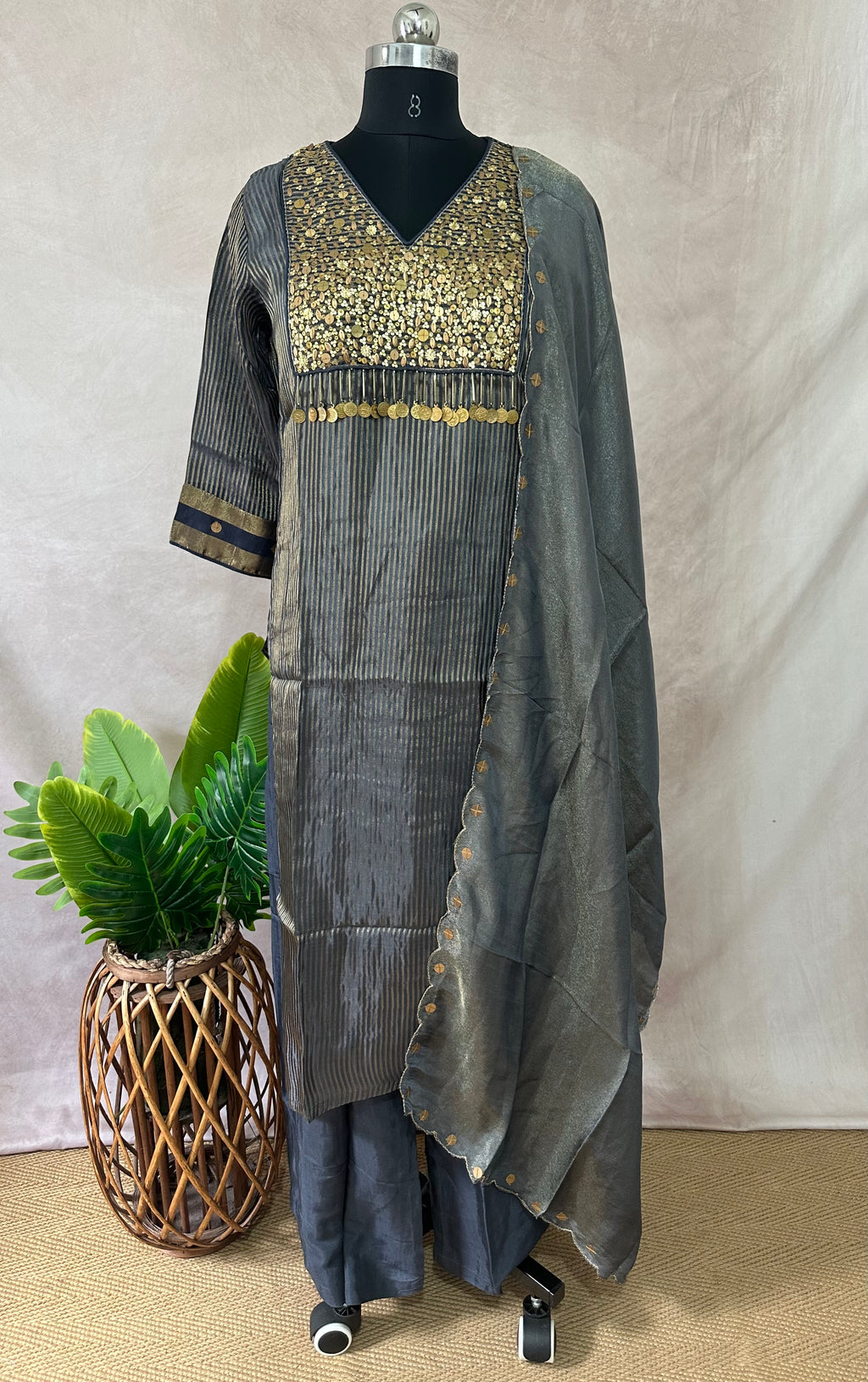 Grey chanderi tissue silk designer kurti set