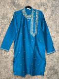 Blue cotton silk kurta with side neck open and emroidery