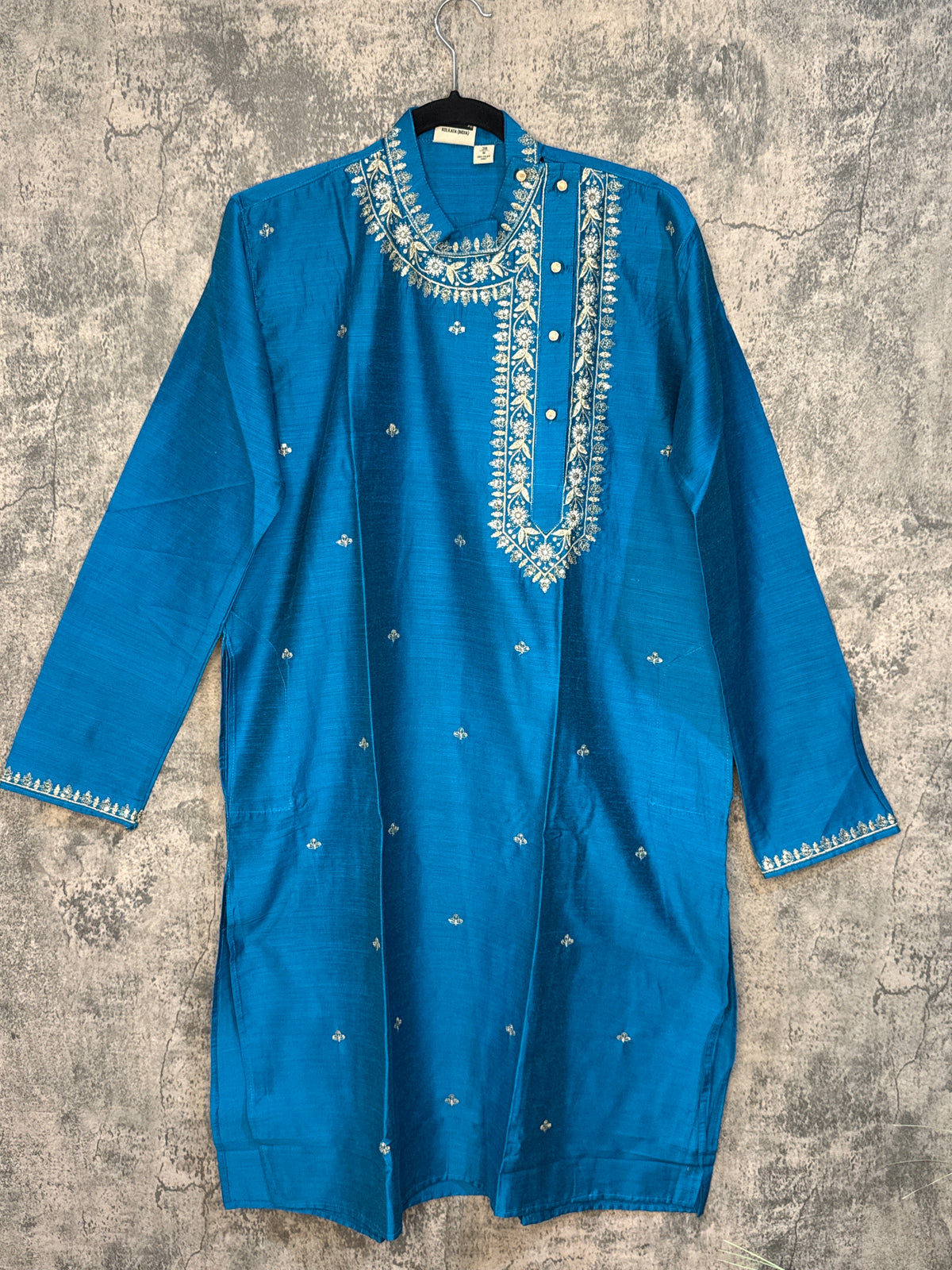 Blue cotton silk kurta with side neck open and emroidery