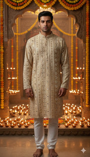 Beige color mirror work kurta