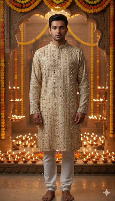 Beige color mirror work kurta