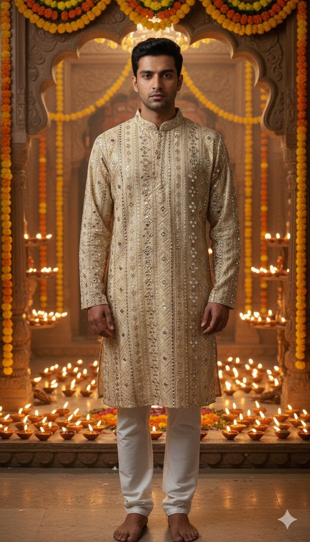 Beige color mirror work kurta