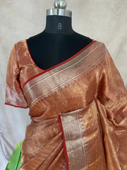 Red banarsi tissue silk saree with stitched blouse