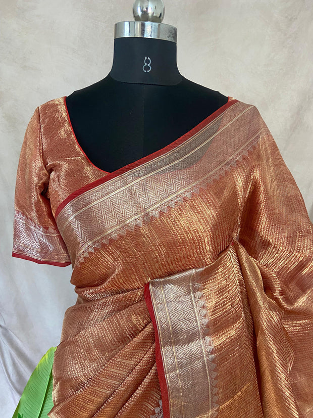 Red banarsi tissue silk saree with stitched blouse