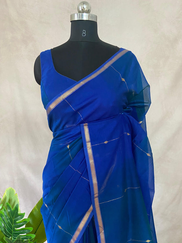 Blue double shaded Maheswari silk cotton saree with stitched blouse