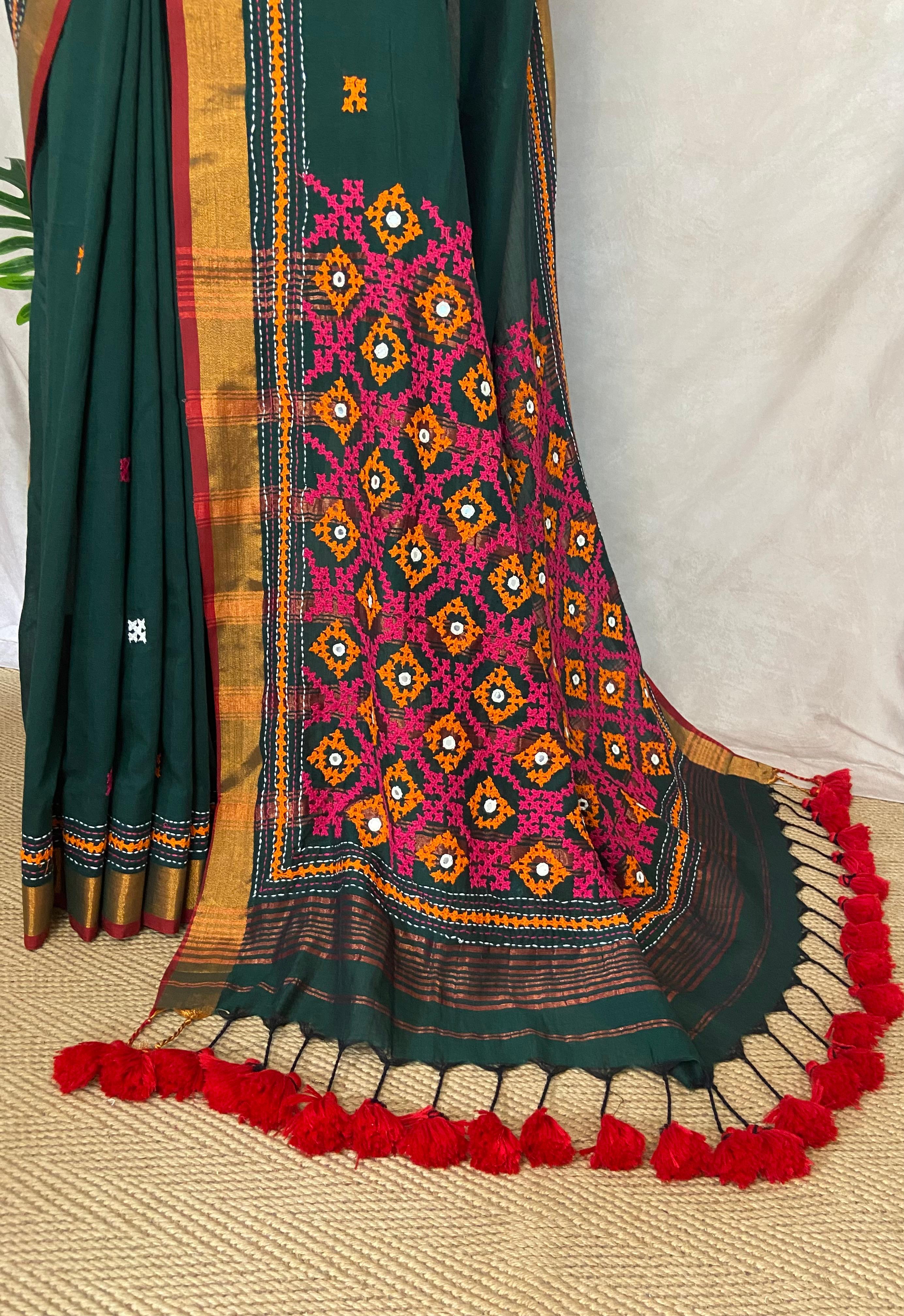 Green cotton saree with kutch work and stitched blouse