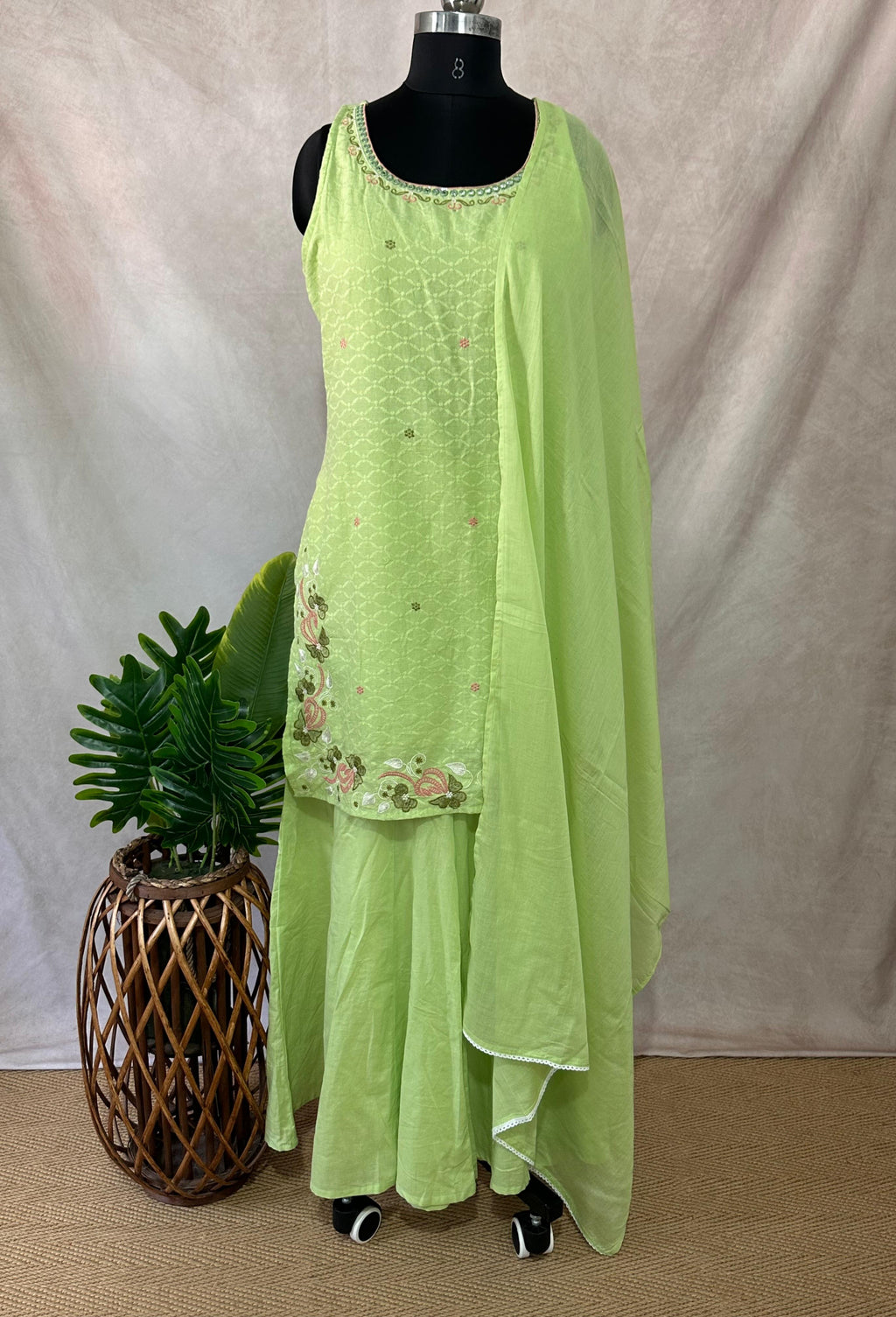 light green cotton kurti with bottom and dupatta