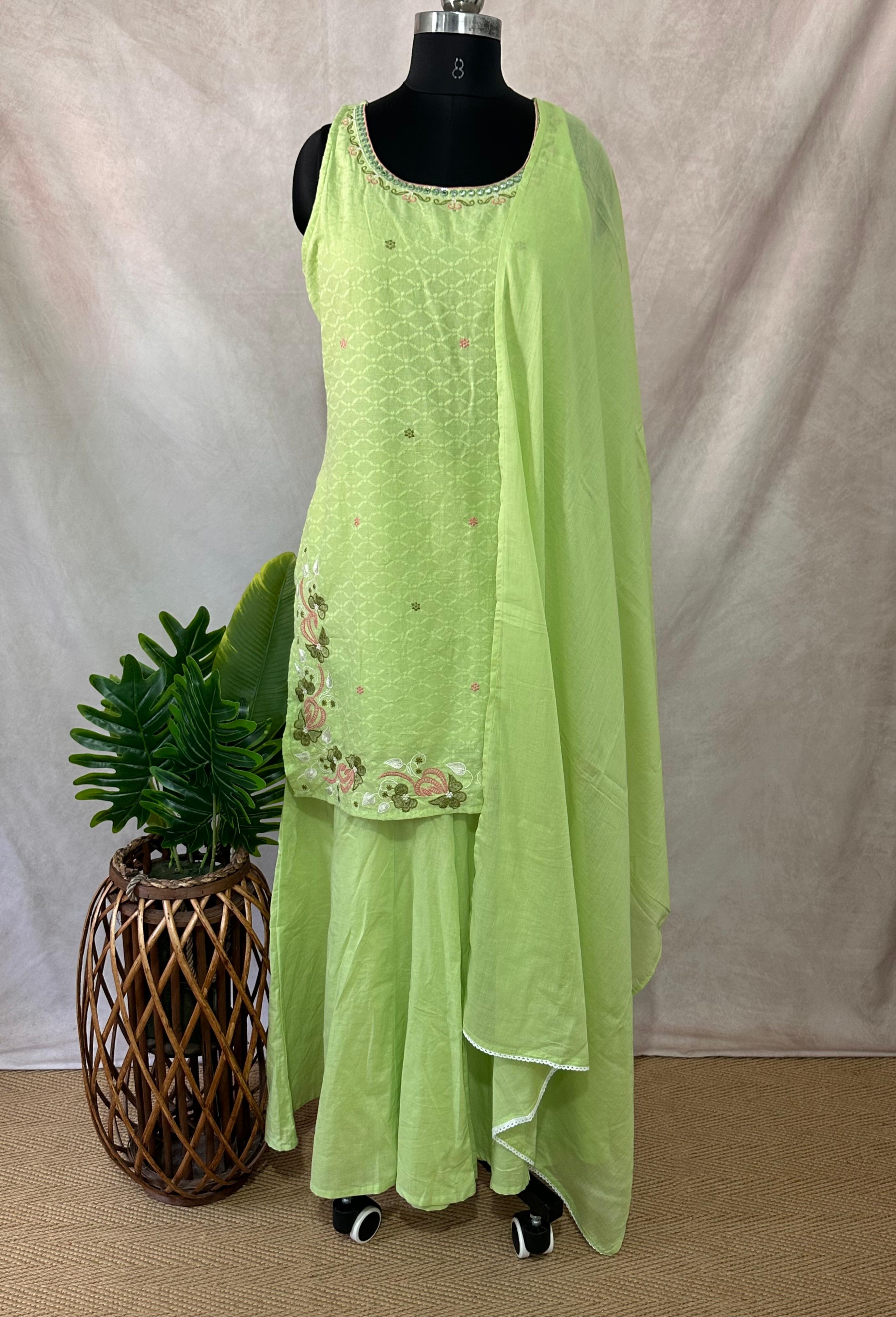 light green cotton kurti with bottom and dupatta