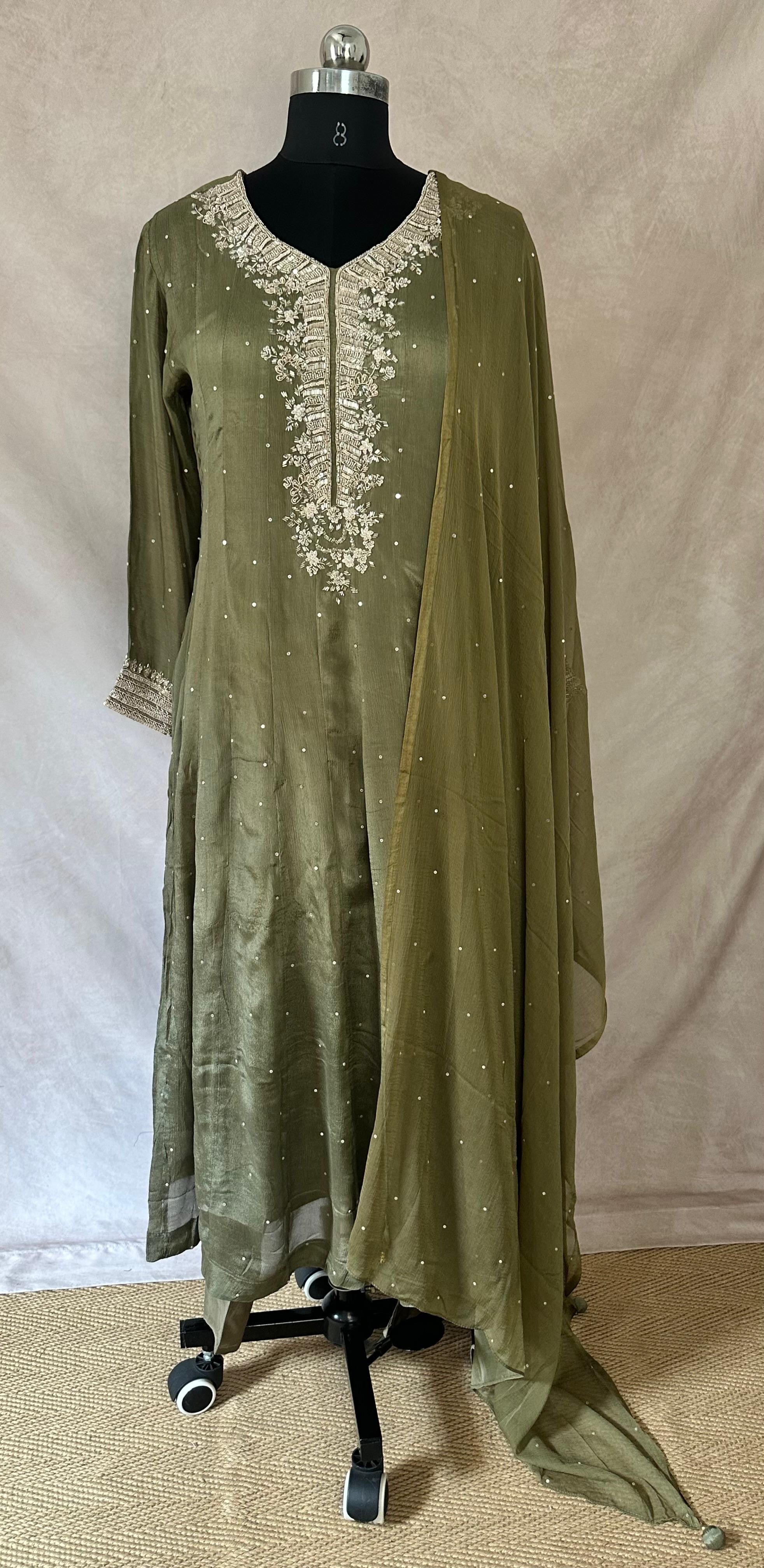 Olive green crepe anarkali with bottom and dupatta