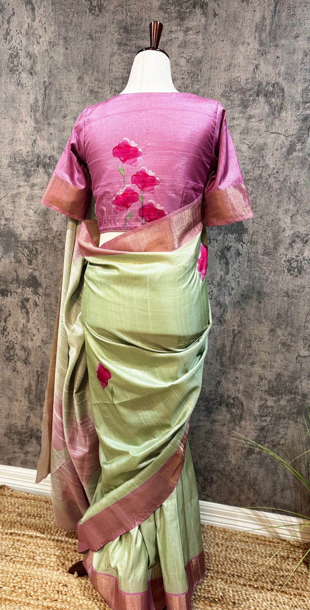 Light pista green semi tussar silk digital print saree with stitched blouse