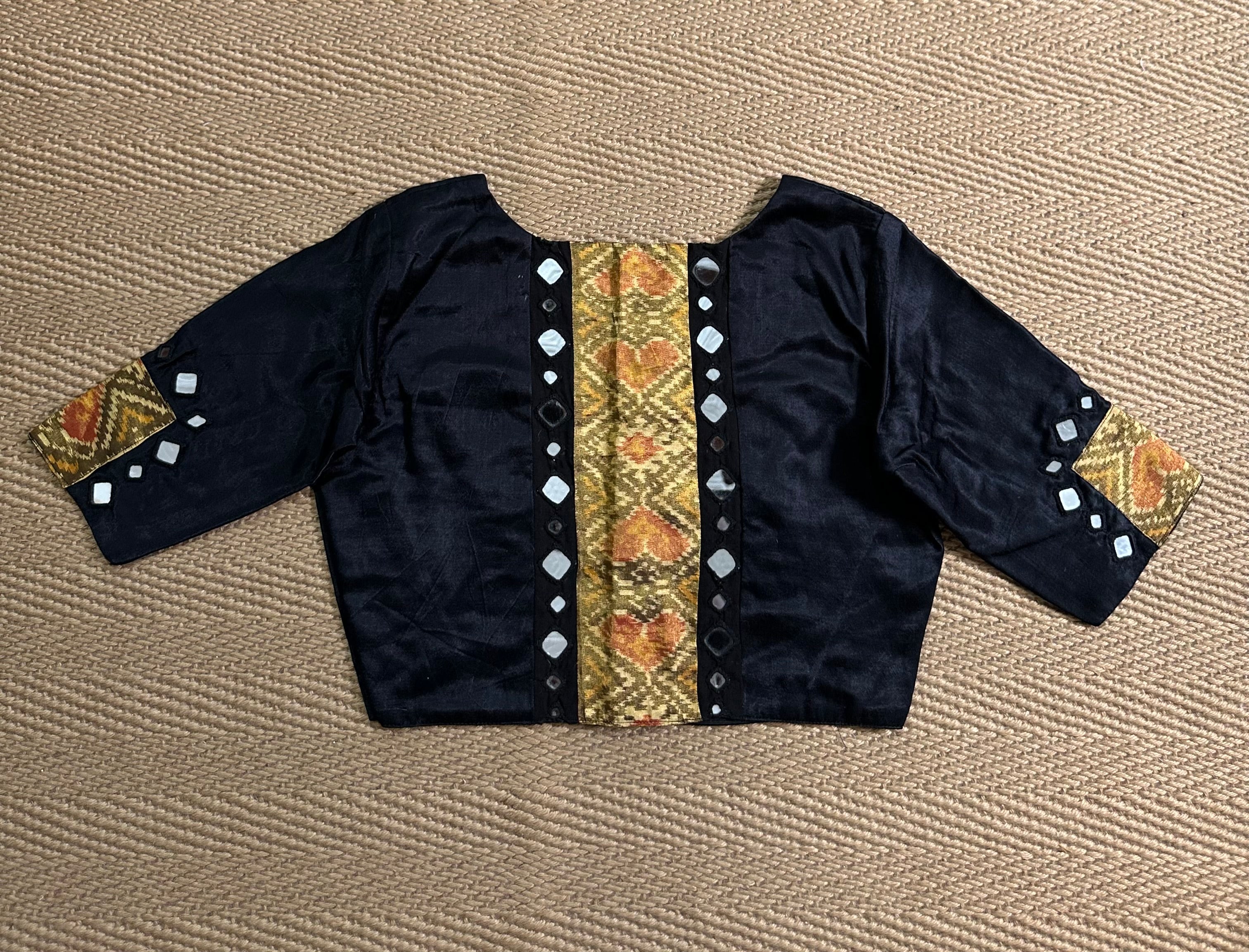 Black modal silk blouse with mirror work and patch work