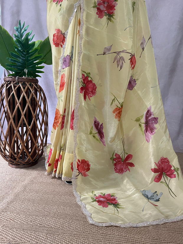 Tissue crepe silk saree with sequins border, stitched blouse