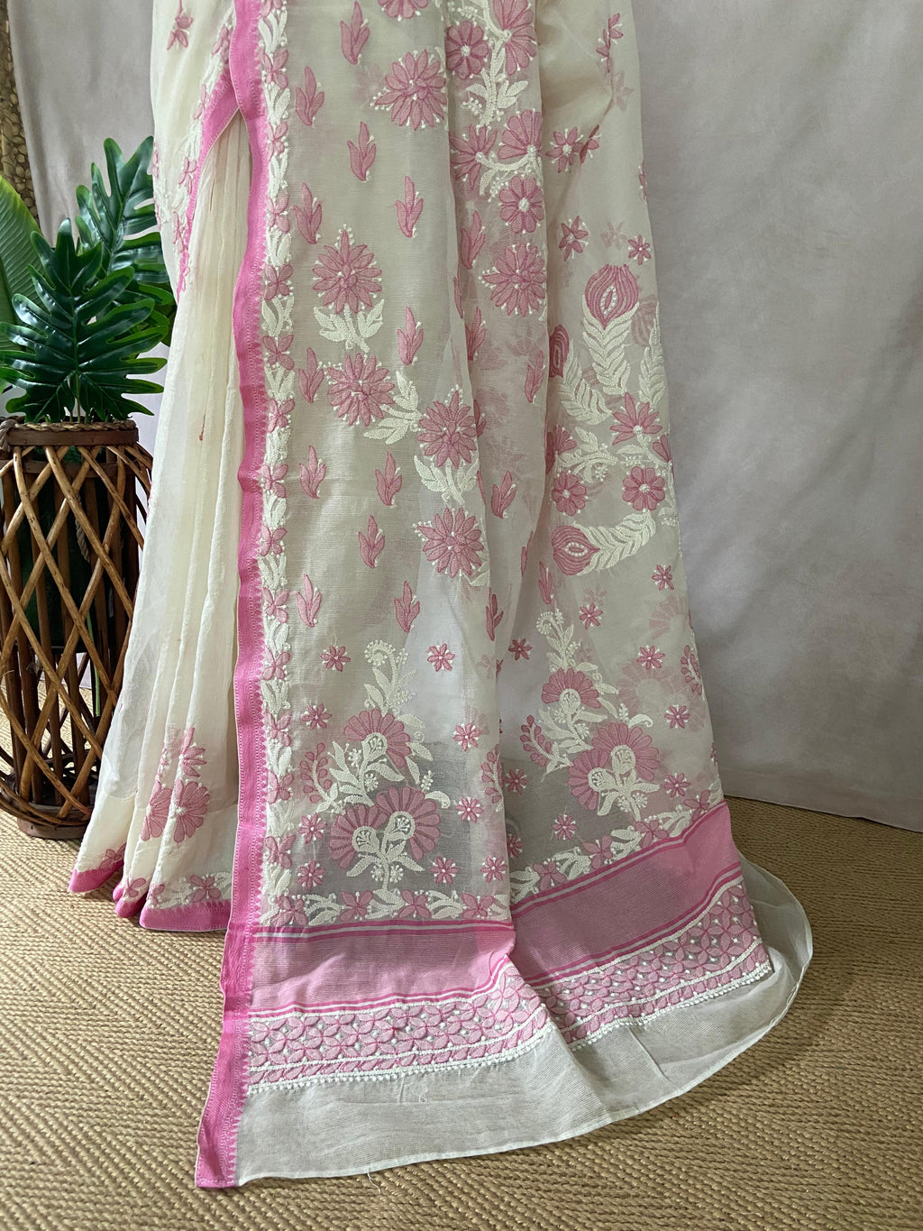 White and Pink Chikankari Hand Work Saree in Kotta Silk with Stitched Blouse