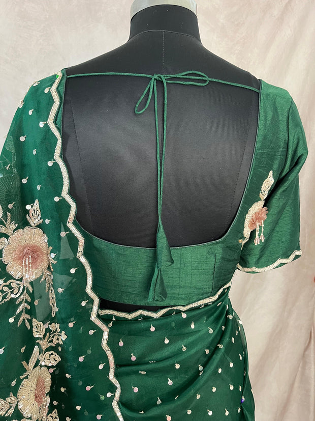 Bottle green Organza silk saree with 3D embroidery , with stitched blouse