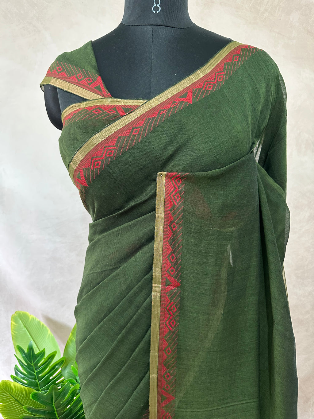 Cotton handloom saree with zari and red thread weave