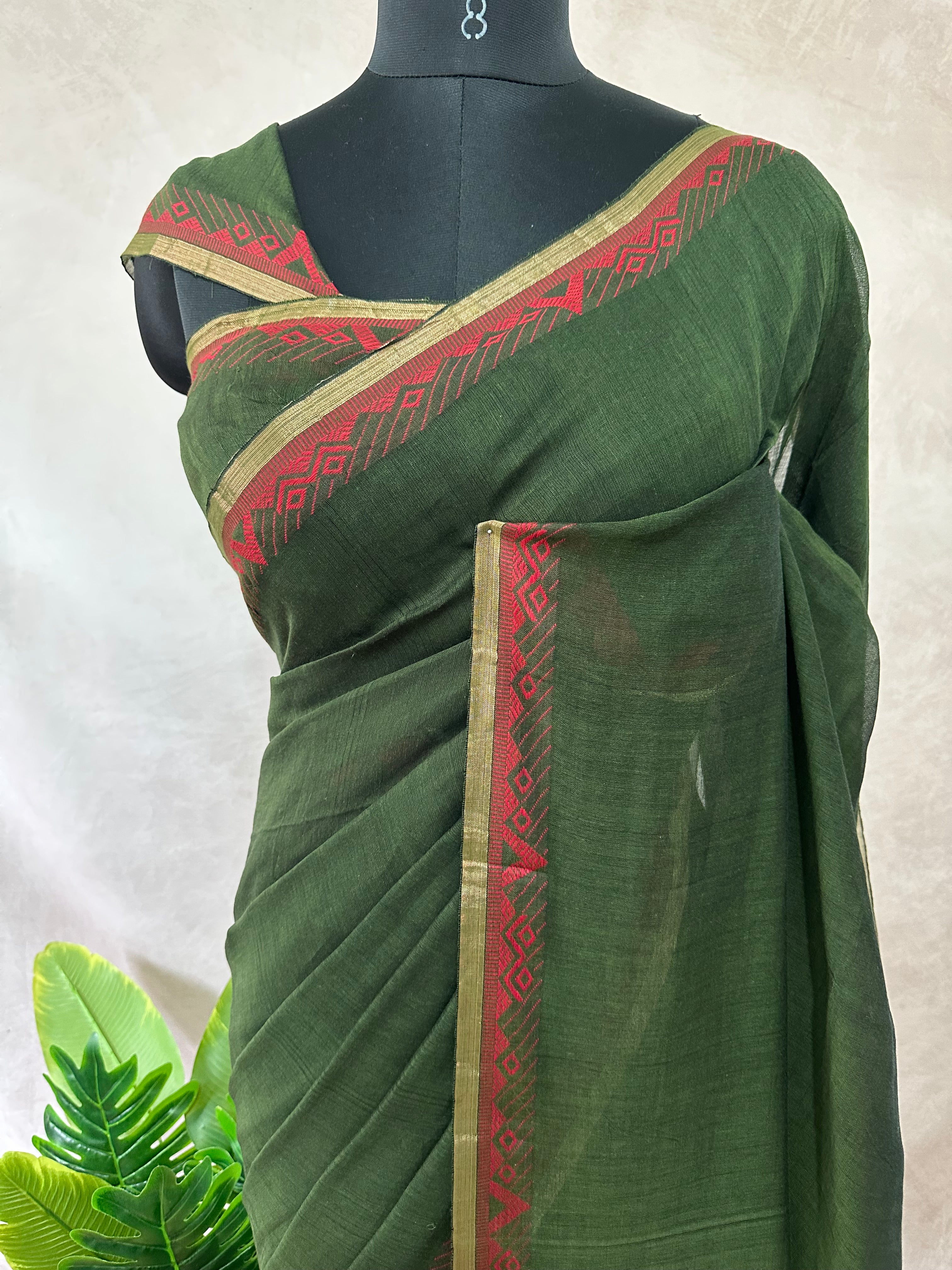 Cotton handloom saree with zari and red thread weave