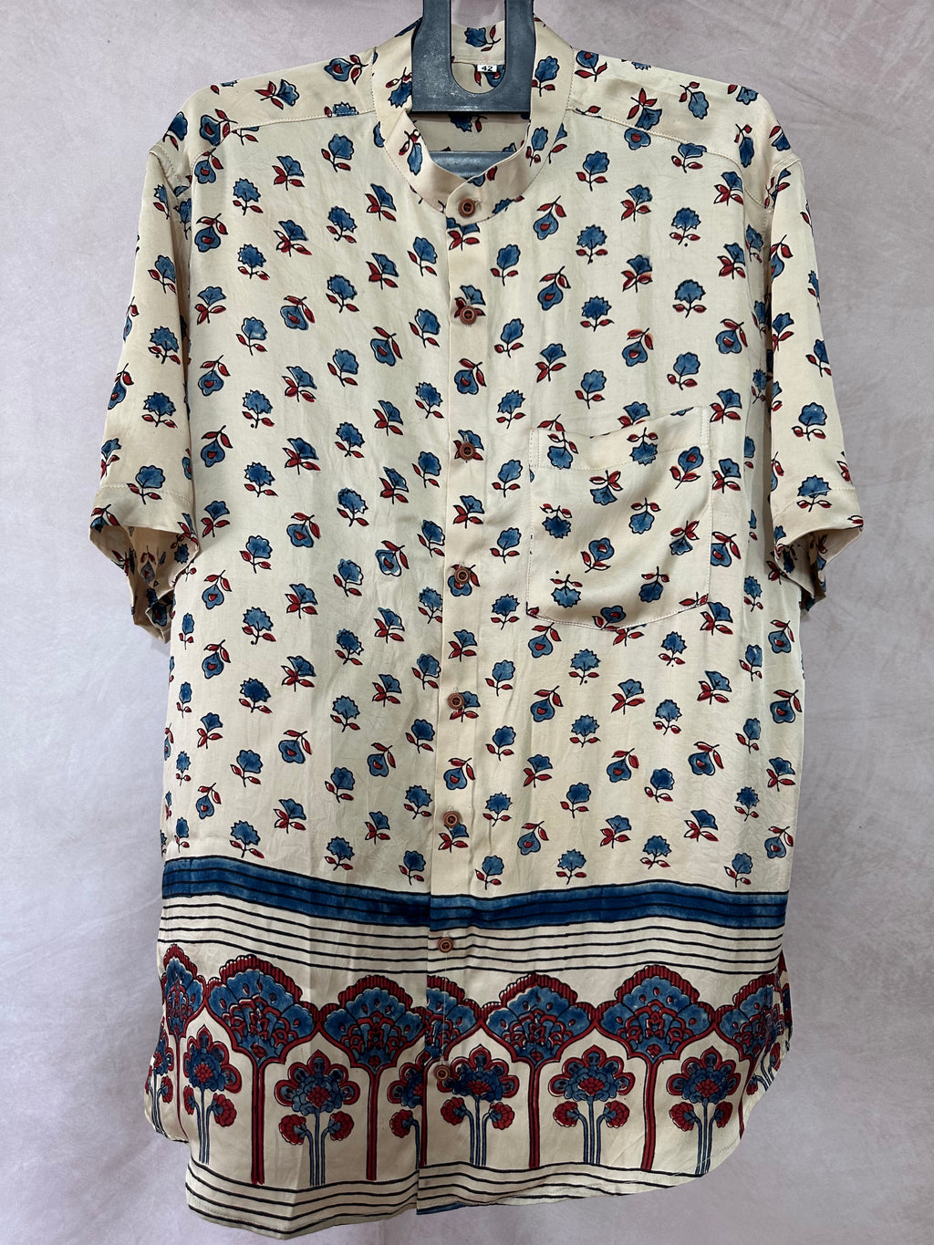 Ajrakh handblock printed Mandarin colar shirts in pure modal silk