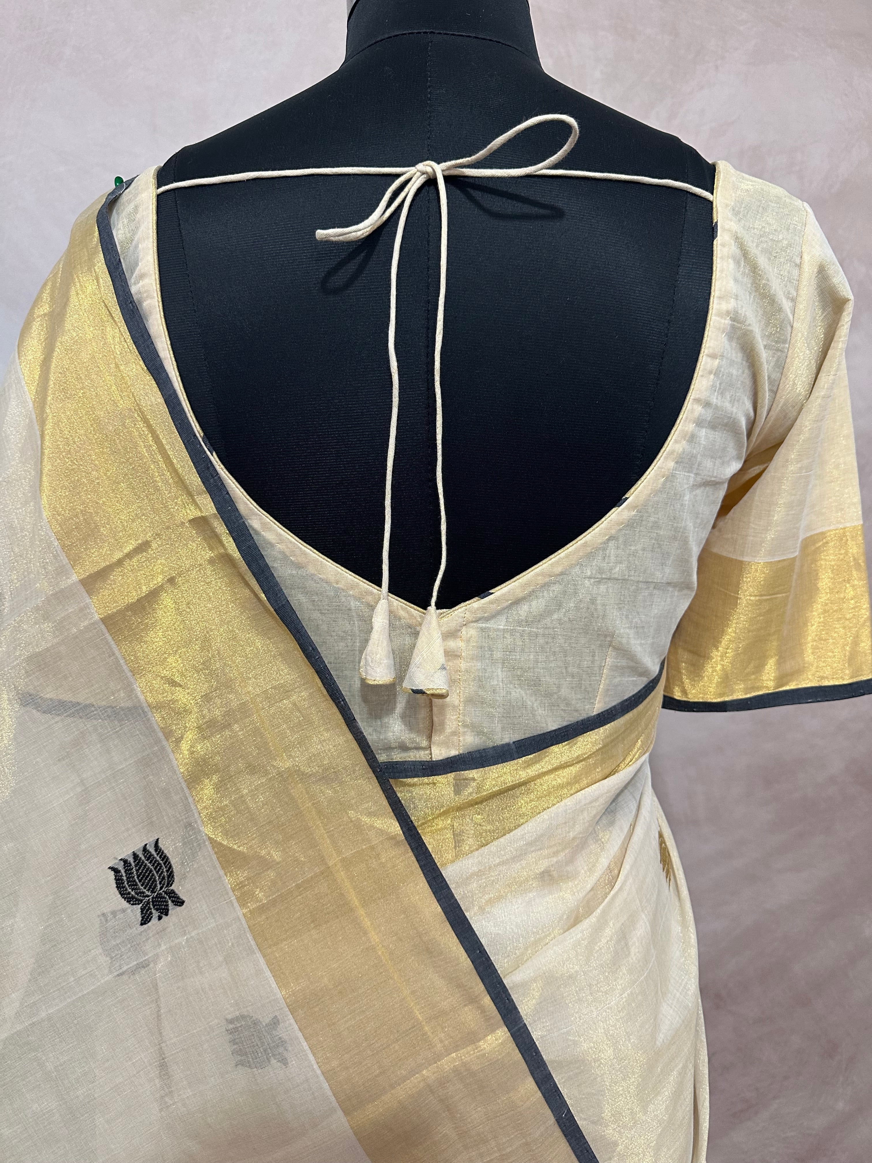 Handloom tissue kerala kasavu saree with stitched blouse