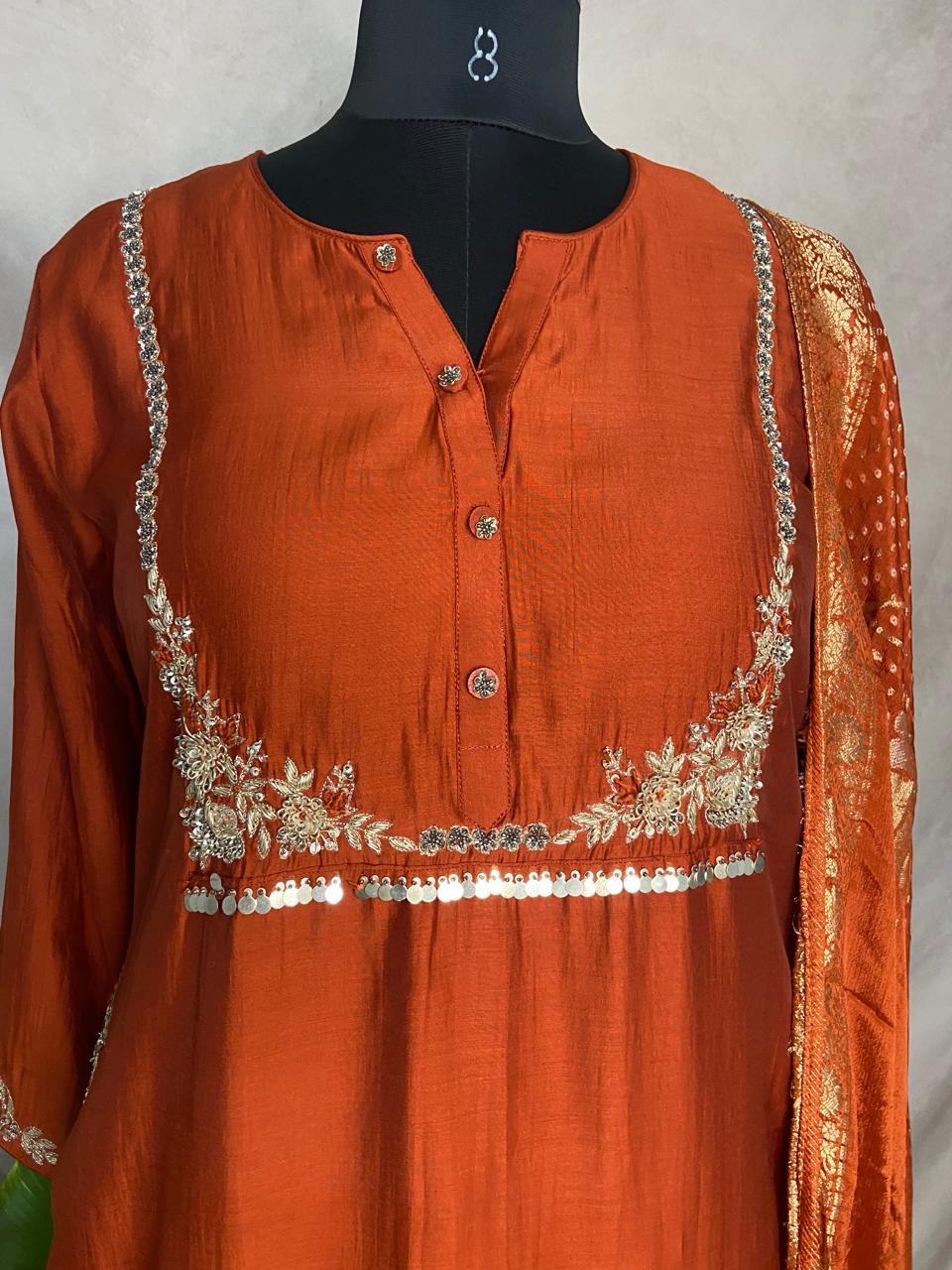 Orange chanderi silk kurti with handwork, bottom and banarsi dupatta