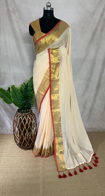 Peach mulcotton saree with red border (no Pico and fall)