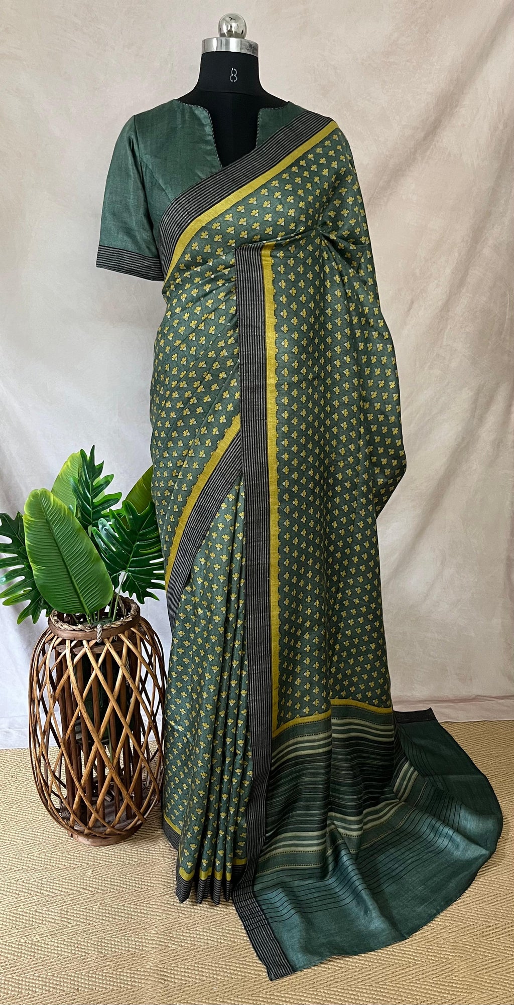 Printed blended tussar silk saree with stitched blouse