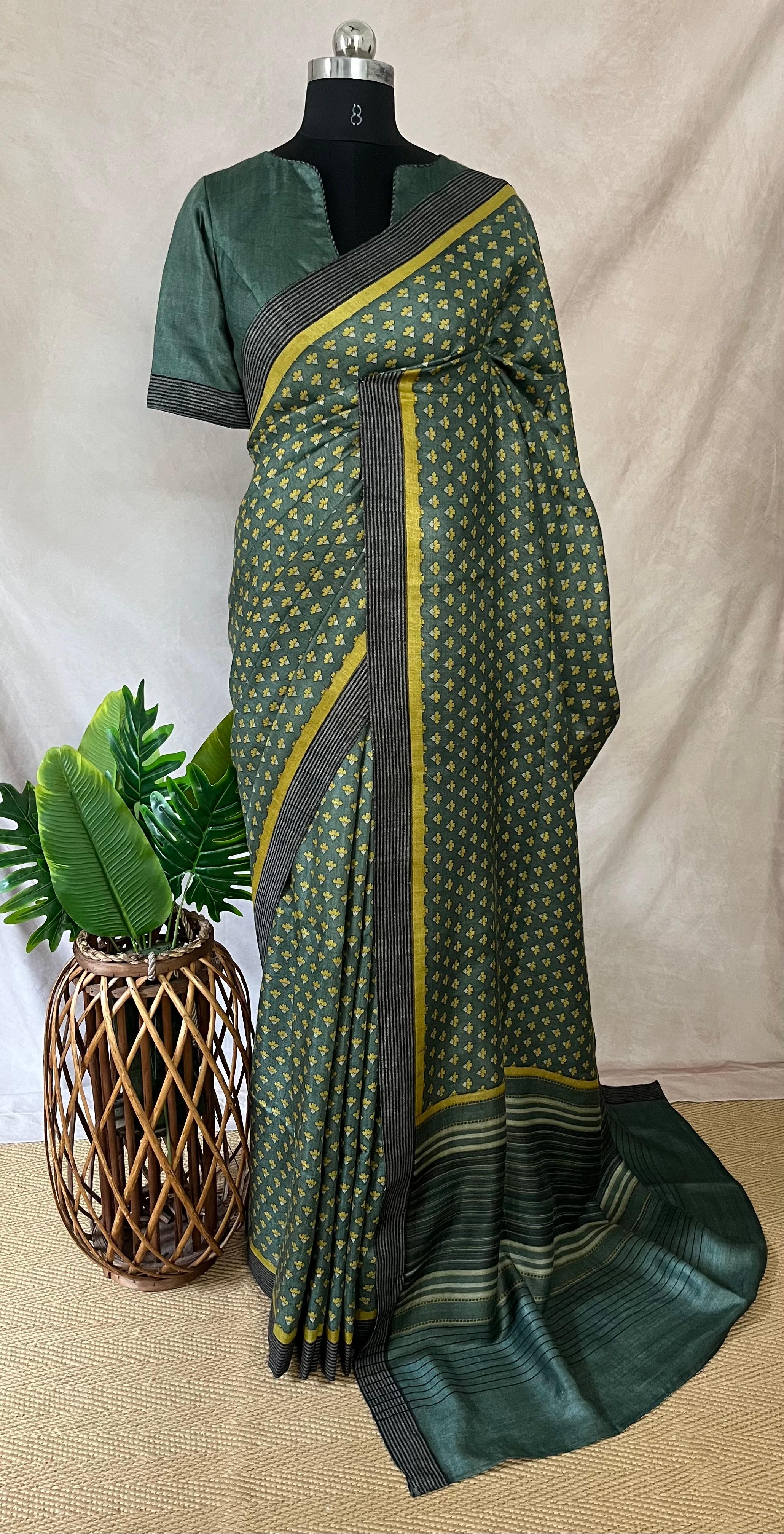 Printed blended tussar silk saree with stitched blouse
